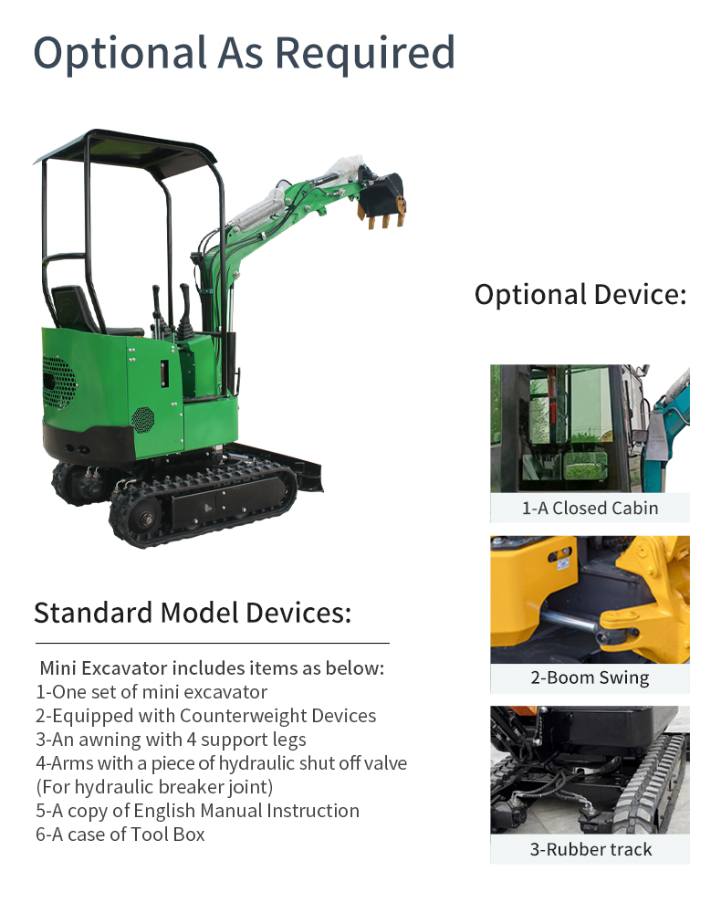 What are the factory configurations and optional configurations of the best price small excavator for 1 tonne tracked home use compact excavators in China