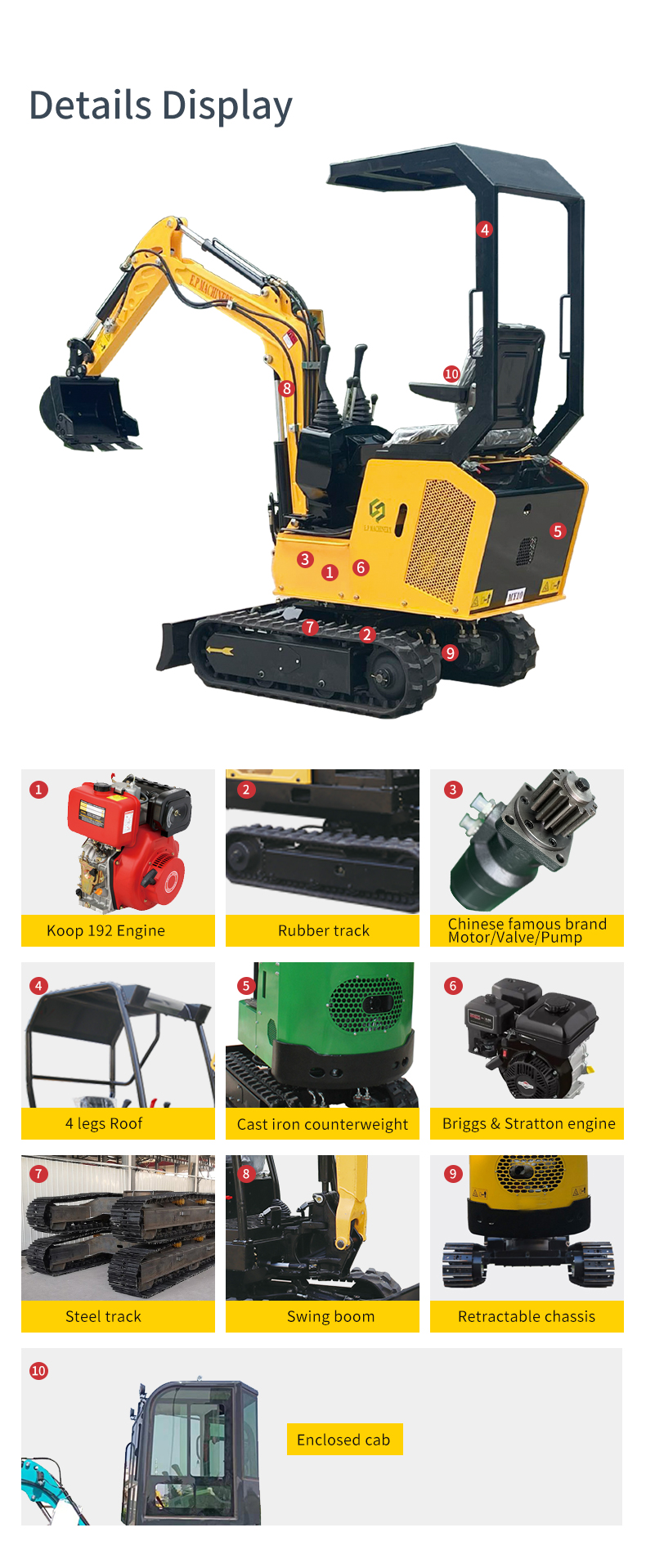 Display of the main accessories of E.P1ton mini excavator MY10A and what are the standard and optional configurations of a 1-ton small excavator
