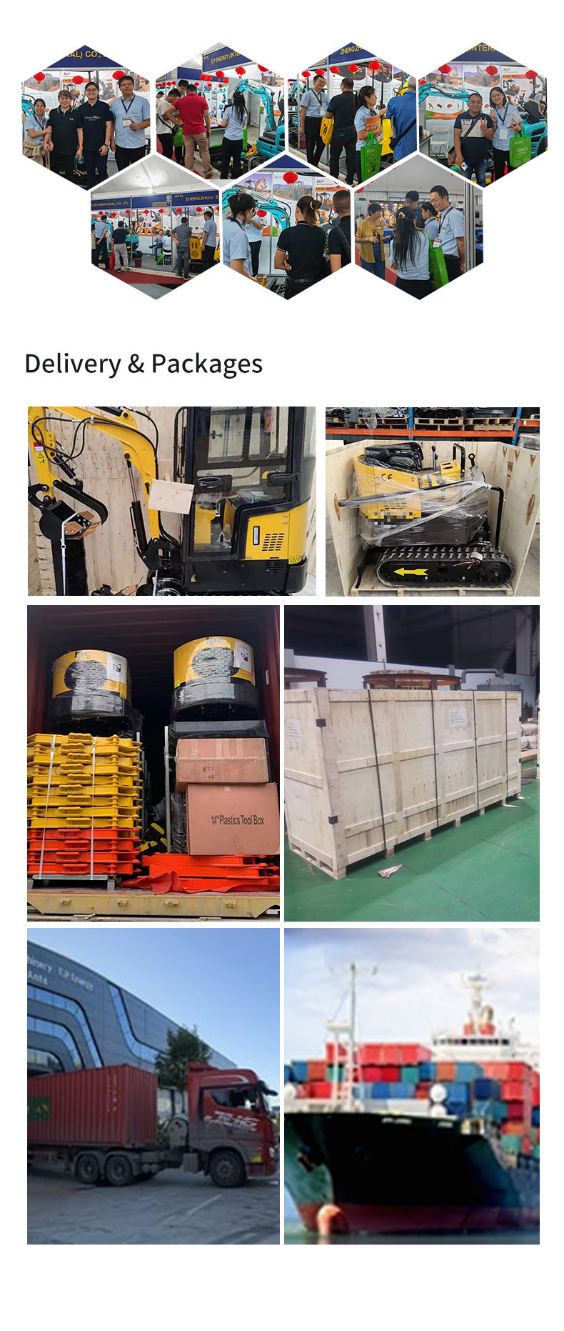 E.P 1ton mini excavator displayed at exhibitions and packaged for shipment to customers around the world